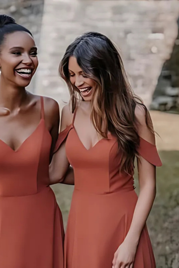 outdoor photo of women laughing wearing designer red allure bridesmaid dress