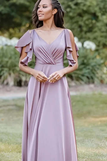 outdoor photo of woman wearing purple designer allure bridesmaid dress