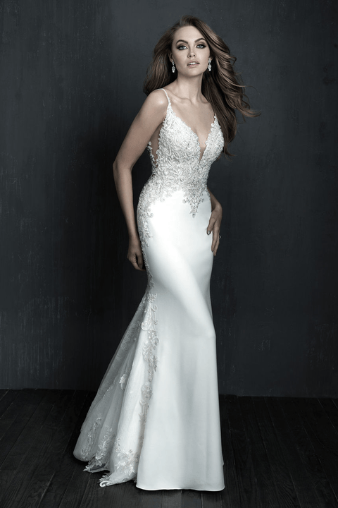 indoor photo of woman wearing white allure couture designer wedding dress