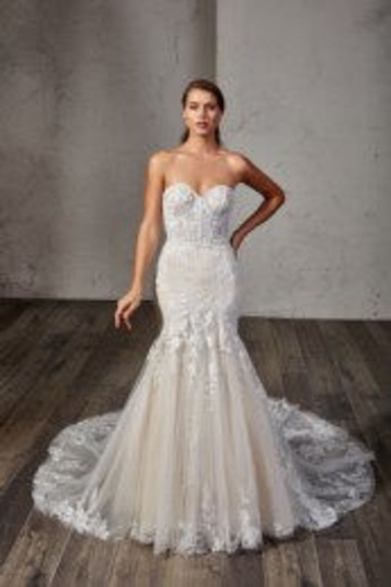 indoor photo of woman wearing white designer eddy k wedding dress