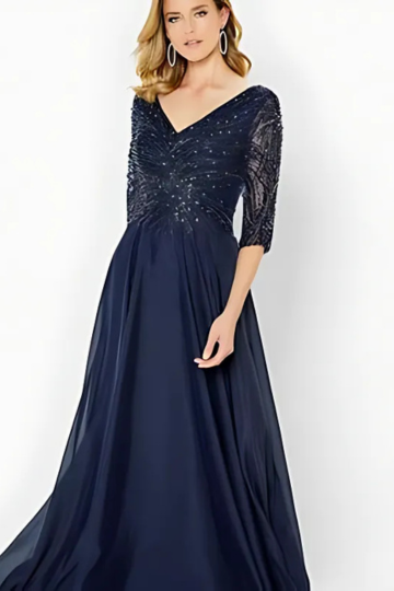 indoor photo of woman wearing designer blue montage dress