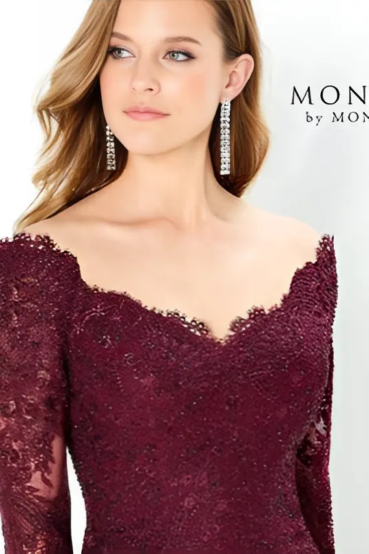 indoor photo of woman wearing red montage designer dress