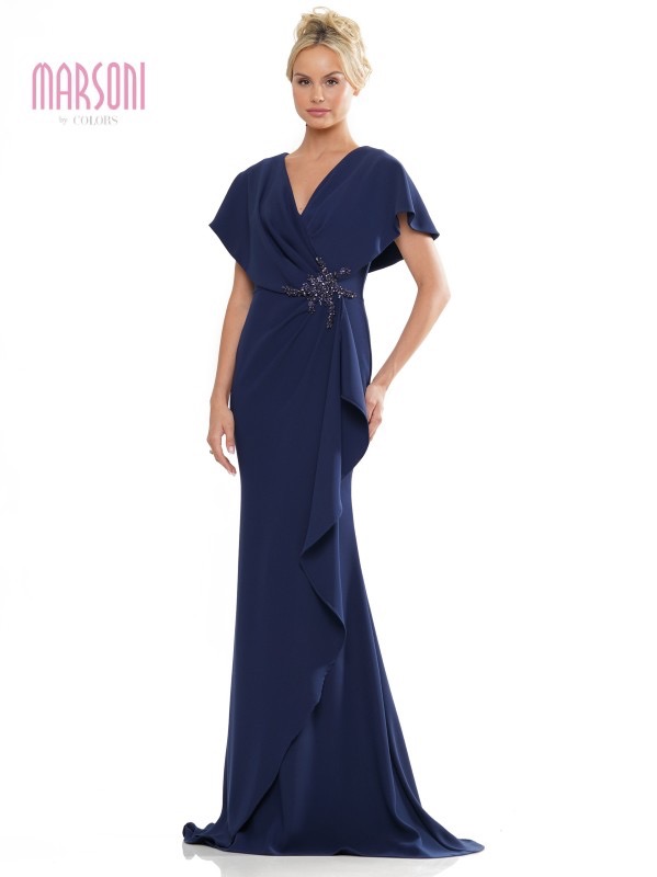 woman wearing dark purple marsoni's mother's designer dress